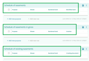 image showing the available columns in a Schedule of Easements, a Schedule of esaeemnts in gross, and a Schedule of existing easements.