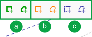 image of the define diagram icons. On the left, the define primary diagram icons are green, identified as A. In the centre, the define non primary diagram icons are orange, identified as B. On the right, the define survey diagram icons are blue, identified as C.