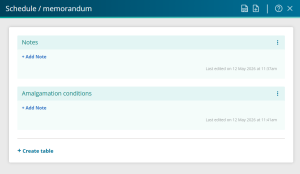 image of the Notes and Amalgamation conditions tables in the Schedule / memorandum panel.