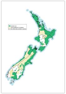 Image of a map of New Zealand showing the national LiDAR coverage as at 30 July 2023 which is of over half of the country. 
