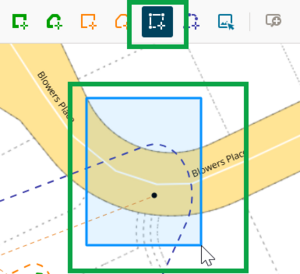 image showing the define by rectangle tool highlighted at top of screen. In the centre of the screen, a cursor defining a pale blue rectangle is also highlighted.