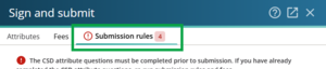 image highlighting the submission rules tab. There is a red exclamation mark warning that there are 4 submission rules to be resolved.