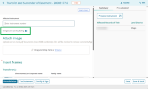 Image highlighting the "change due to pending dealing" toggle in the prepare instrument screen. The toggle is set to ON and the Affected instrument field is now free-text.