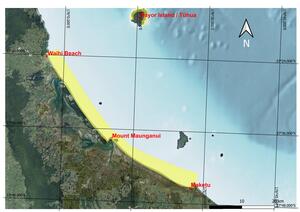 A map of Tauranga coastline. Four locations are highlighted: Mayor Island / Tūhua, Waihi Beach, Mount Maunganui and Maketu