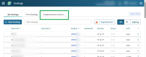 Image of the Dealings landing page. The "Supplementary Actions" tab is highlighted.