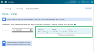 image displaying a searched instrument for CNoC. The mouse cursor is positioned over the instrument and a tool-tip reads "Click to open a correction of this notice".