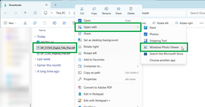 image of a downloads folder in file explorer. The TIFF file has been selected and the right-hand menu is open. "Open with" is highlighted and selected, and Windows Photo Viewer in the sub menu is also highlighted.