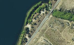 Aerial image of part of the shore of Lake Dunstan