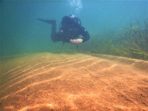 A scuba diver floats above the floor of a lake, where you can see a hessian mat keeping lakeweed at bay