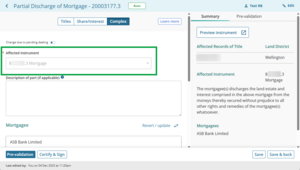 image of prepare instrument screen for Partial discharge of Mortgage. The Affected instrument field is highlighted.