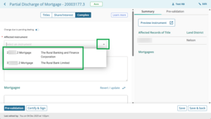 image of the affected instrument field for Partial Discharge of Mortgage. There are 2 mortgage instruments to choose from.