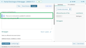 image highlighting an info banner: "there are no instruments available for selection".