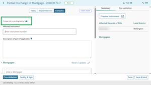 Image highlighting the "change due to pending dealing" toggle in the prepare instrument screen. The toggle is set to ON and the Affected instrument field is now free-text.