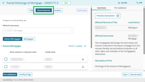 image of prepare instrument screen for Partial discharge of Mortgage. Shares/Interest mode is selected and highlighted at the top of the screen.
