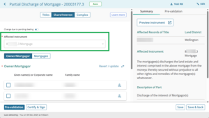 image of prepare instrument screen for Partial discharge of Mortgage. The Affected instrument field is highlighted.