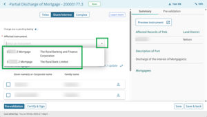 image of the affected instrument field for Partial Discharge of Mortgage. There are 2 mortgage instruments to choose from.