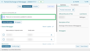 image highlighting an info banner: "there are no instruments available for selection".