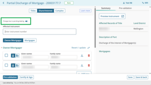 Image highlighting the "change due to pending dealing" toggle in the prepare instrument screen. The toggle is set to ON and the Affected instrument field is now free-text.