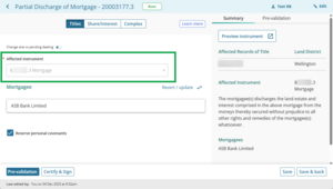image of prepare instrument screen for Partial discharge of Mortgage. The Affected instrument field is highlighted.