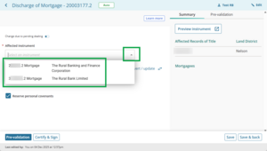 image of the affected instrument field for Discharge of Mortgage. There are 2 mortgage instruments to choose from.