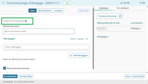 Image highlighting the "change due to pending dealing" toggle in the prepare instrument screen. The toggle is set to ON and the Affected instrument field is now free-text.