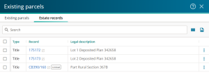 Existing parcels screen on the Estate records tab showing sample data for Type, Record and Legal description fields.