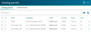 Existing parcels screen showing all the rows in the column Action have been marked as 'Referenced'.