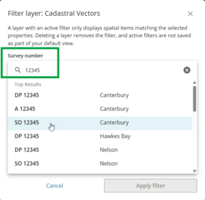 image of the filter panel, with '12345' entered into the survey number field. Matching results have populated in a drop-down below the field, and the mouse cursor is positioned over 1 of these.