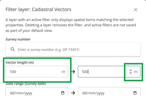 image highlighting the vector length fields in the filter vector panel. The fields have been filled in, and the up/down arrow at the right of 1 of the fields has also been highlighted.