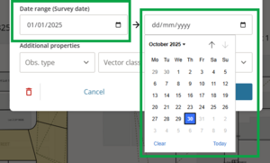 image highlighting the date range fields in the filter vector panel. A date is entered in the 'from' date on the left, and a calendar is open in the 'to' field on the right.