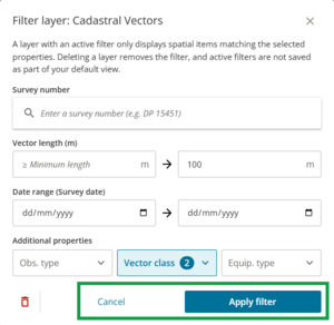 image of the filter vectors panel. The 'Apply filter' and 'cancel' buttons at the bottom of the panel are highlighted.