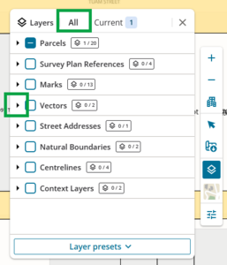Image of the Layers panel, with the All tab highlighted. The expand arrow next to 'Vectors' is also highlighted.
