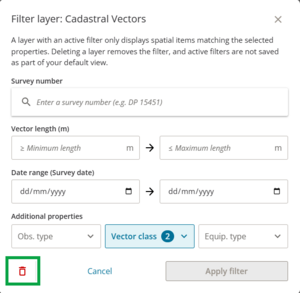 image of the filter vectors panel. The Remove fiter icon at the bottom left of the panel is highlighted.