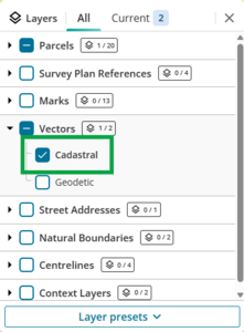 image of the layers panel highlighting the Cadastral vector layer. The layer has been selected.