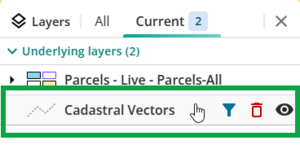 image showing mouse cursor positioned over Cadastral Vectors in the current tab. 3 icons are showing to the right of the cursor.