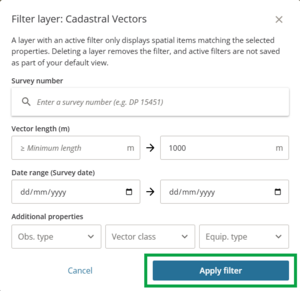 Image of the filter vector panel. The Apply filter button at the bottom right of the panel is highlighted.