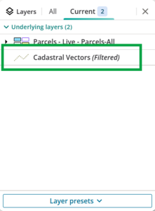 image of the current layers tab, highlighting the Cadastral vectors layer. The word "filtered" appears, to show that the layer is currently filtered.