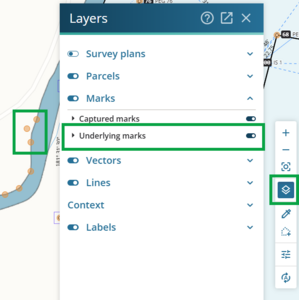image highlighting the layers icon in the tools control bar. The layers panel is open, and Underlying marks is highlighted. Some underlying marks are also visible in the spatial capture, coloured orange.
