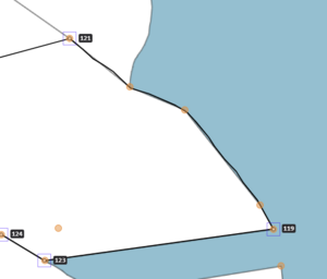 image of a digitised irregular line. The line passes over 3 underlying marks along the boundary.