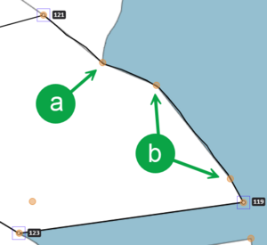 image of the same irregular line as the previous image. An underlying mark at the vertice of another boundary is marked 'a'. 2 underlying marks that sit along the boundary are marked 'b'.