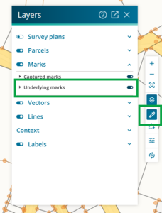 image of the layers panel with Underlying marks highlighted. The Inspect and adopt tool is also highlighted in the tools control toolbar.