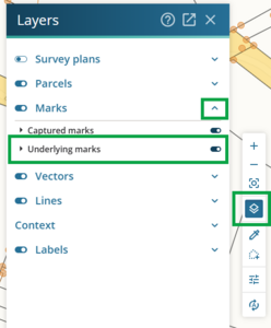 image highlighting the layers icon in the tools control toolbar. The layers panel is open, and Underlying marks is highlighted.