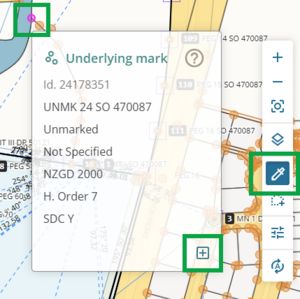 image highlighting the Inspect and Adopt tool icon in the tool bar. An underlying mark is selected, and shows pink. A pop-up underlying mark information panel is visible, and the Adopt this mark icon at the borrom right of the panel is also highlighted.