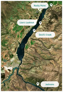An aerial view of Lake Dunstan with four markers with to show the location of the following lots. Rocky Point is at the most northern point of Lake Dunstan. Below is Lion's Lookout, Devil's Creek and Jacksons.