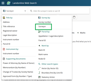 Landonline Web Search with the Survey by: Surveyor option highlighted.