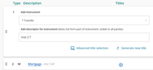 Two fields in the Landonline Dealings app. One shows 'Add Instrument' with a dropdown, and beneath it is a text entry field for 'Add descriptor for instrument (does not form part of instrument, visible to all parties).