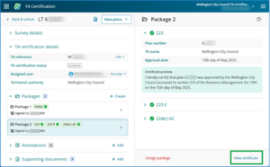 The screen for Territorial Authorities within the Landonline app. 'Package 2' is selected and shows the plan number, TA name, approval date and a certificate preview.