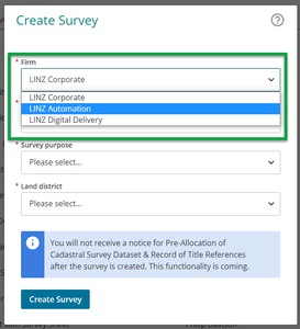Screenshot of Create Survey panel with Firm drop down highlighted