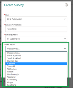 Screenshot of Create Survey panel with Land district dropdown list highlighted