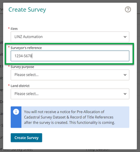Screenshot of Create Survey panel with Surveyor reference field highlighted